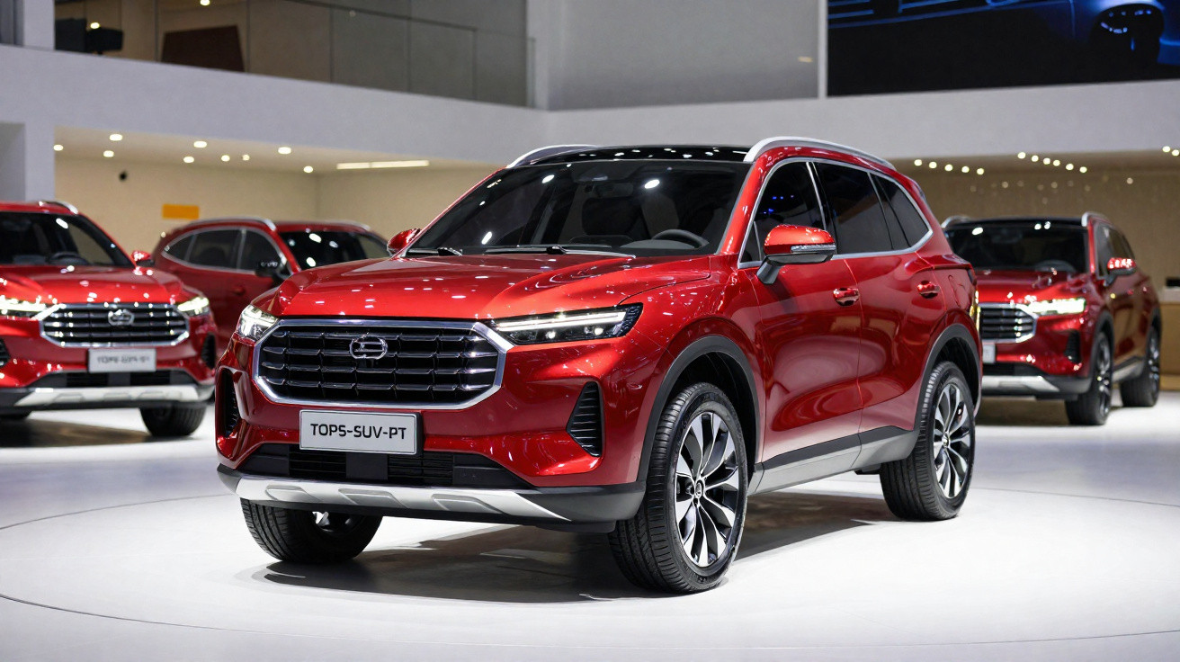 SUV de cor vermelha exibido em salão automóvel com luzes brilhantes e outros carros ao fundo.