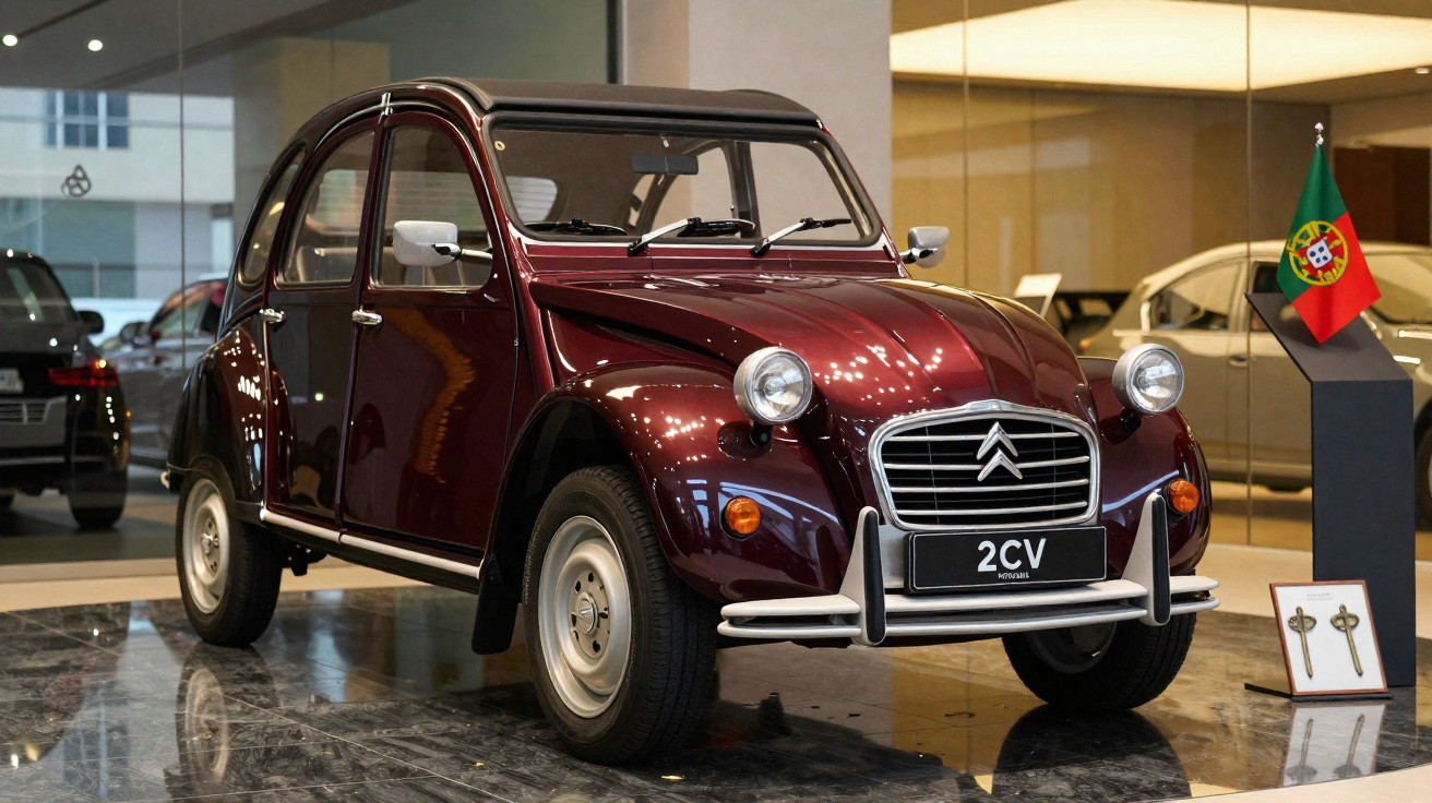 Carro clássico Citroën 2CV vermelho exposto em interior com bandeira de Portugal e chaves em pedestal.