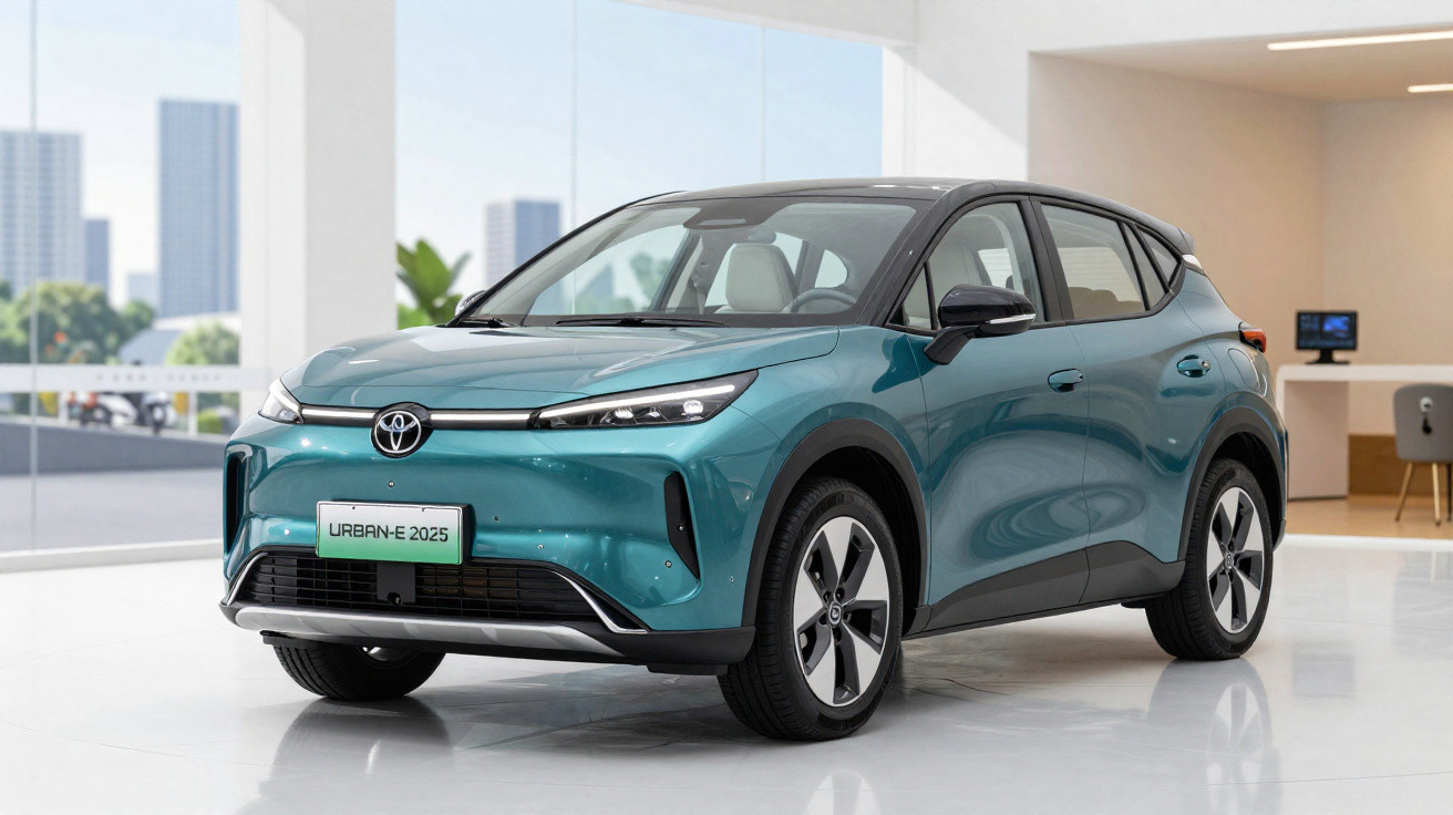 Carro elétrico Toyota Urban-E 2025 azul turquesa com design moderno em showroom com fundo urbano.