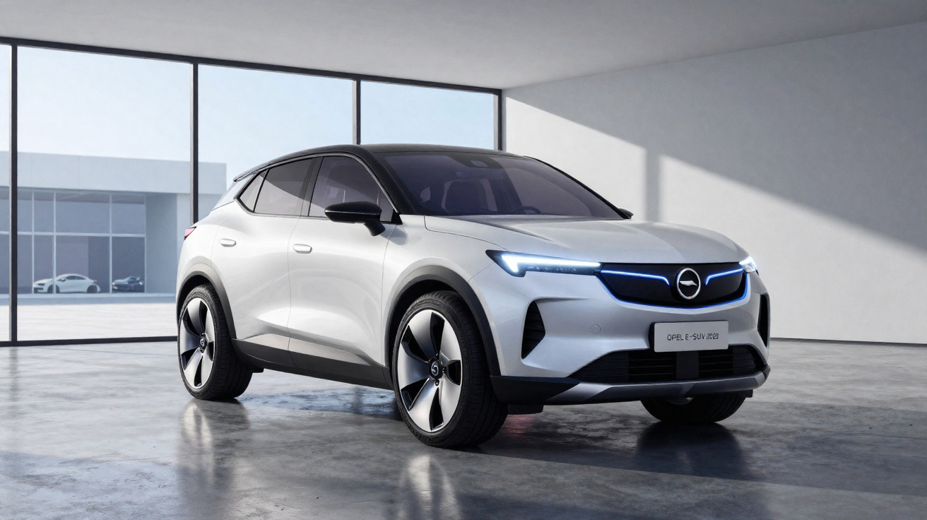SUV elétrico branco Opel E-SUV 2023 estacionado numa sala moderna com luz natural.