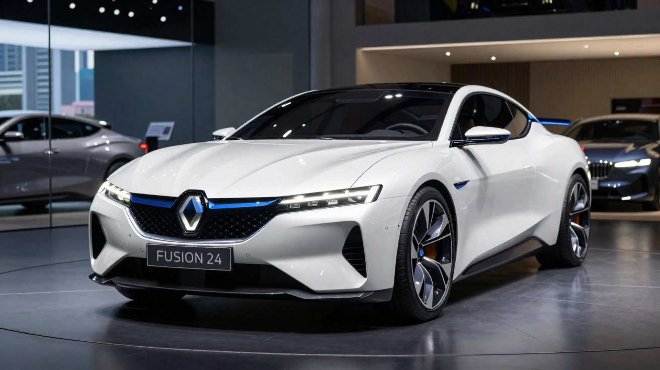 Carro desportivo branco Renault Fusion 24 em exposição num salão moderno.