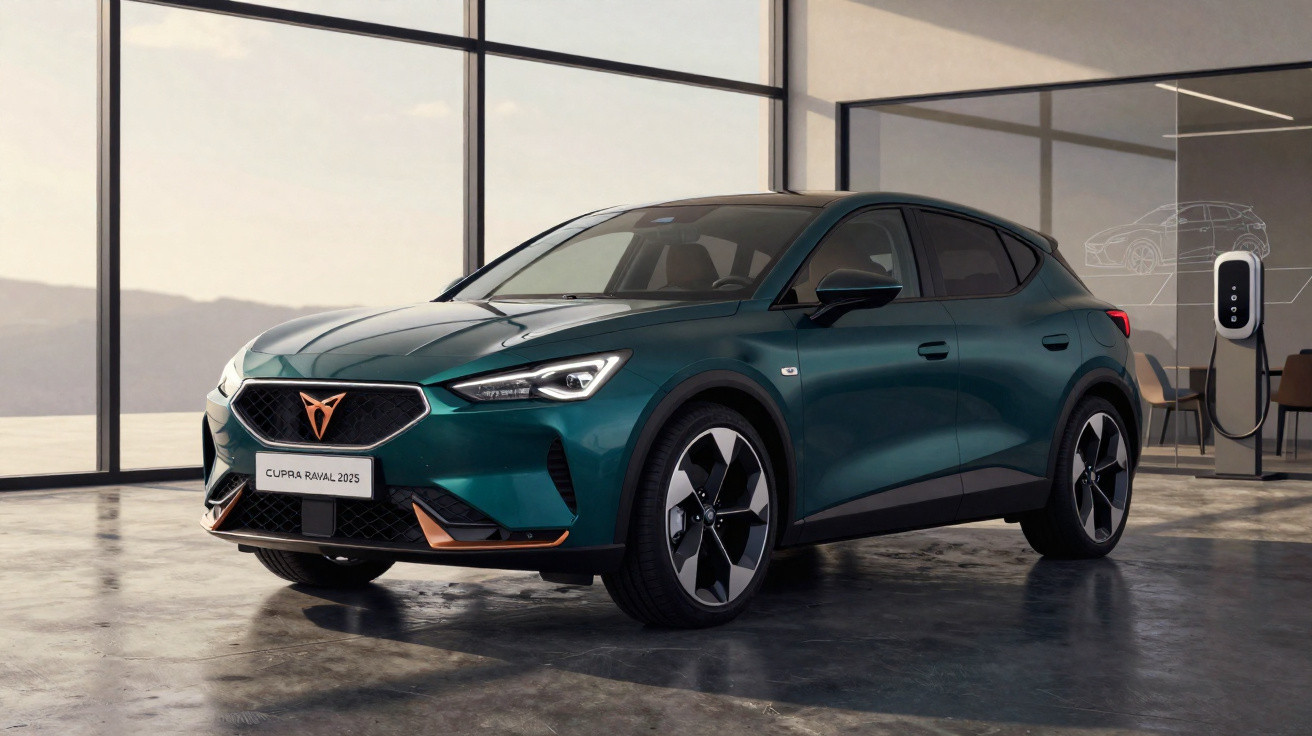 Carro elétrico Cupra Raval 2025 verde escuro estacionado em garagem moderna com carregador.