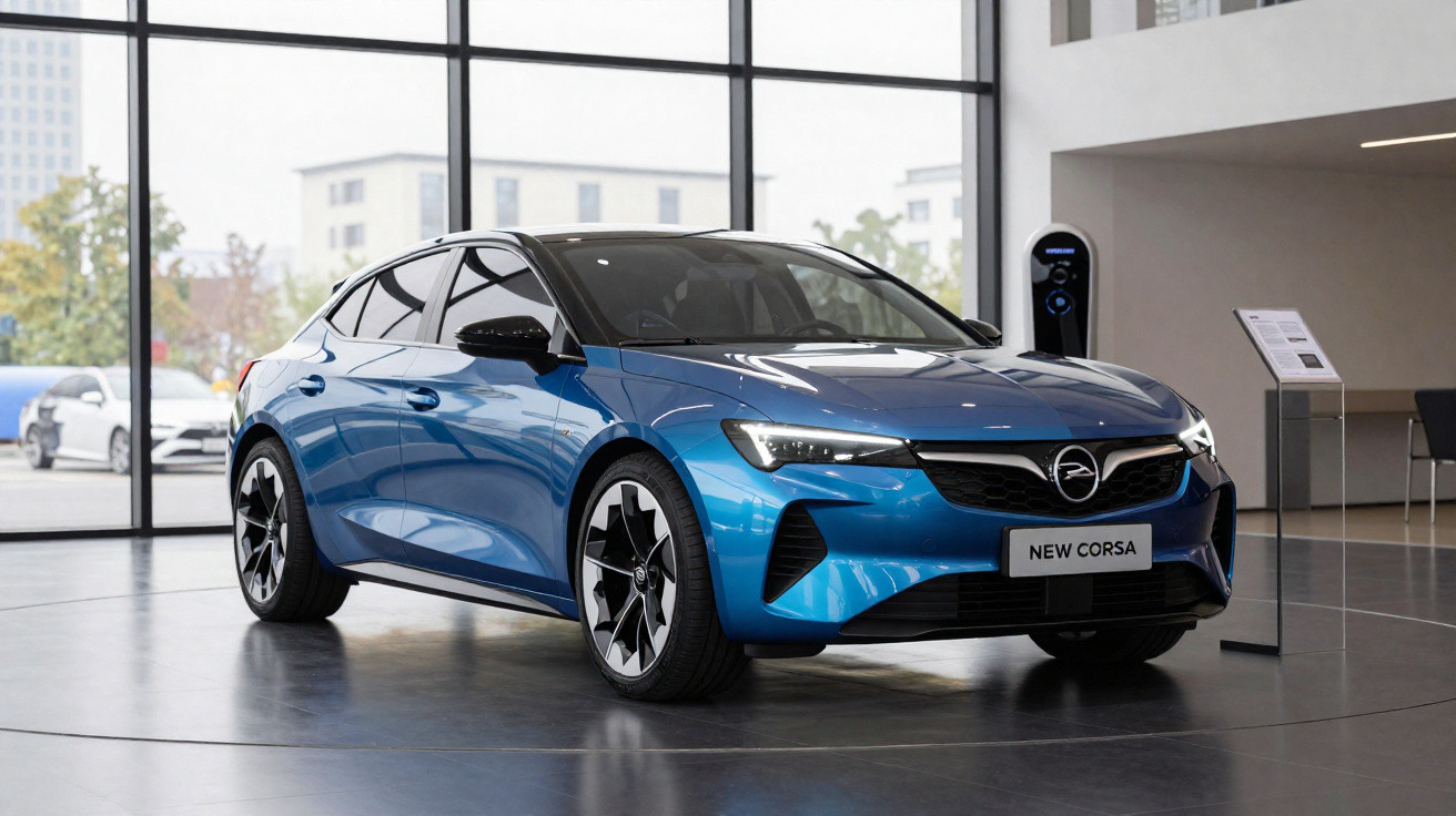 Carro elétrico Opel New Corsa azul exposto numa sala com grandes janelas de vidro.