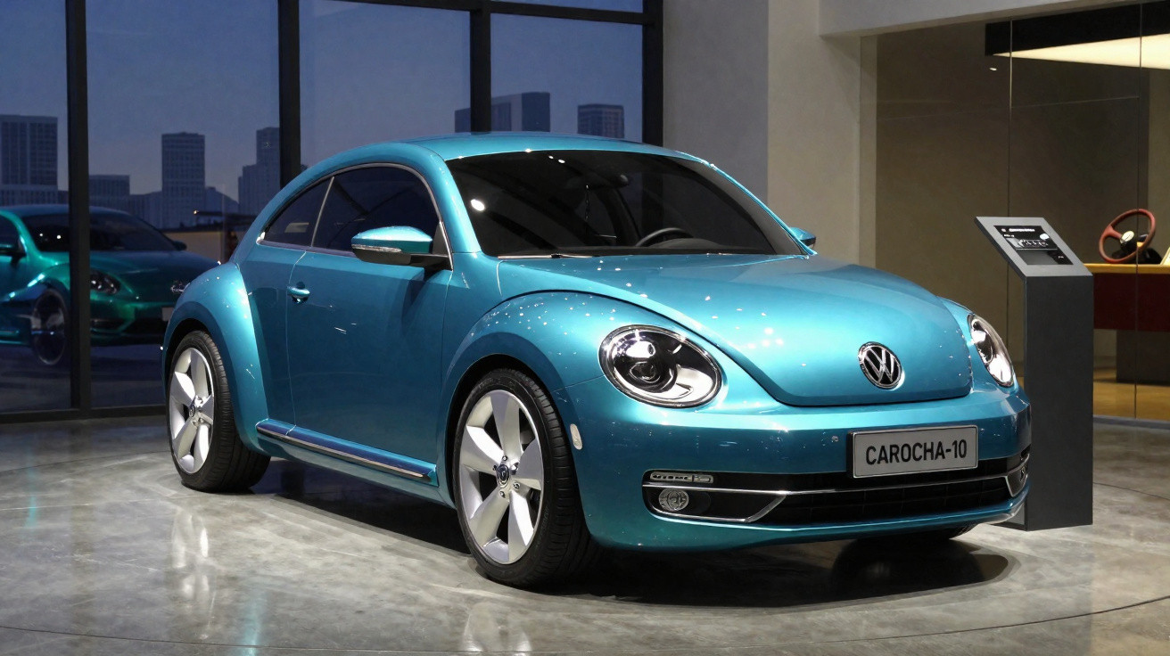 Carro azul Volkswagen Carocha-10 em exposição numa sala moderna com paredes de vidro.