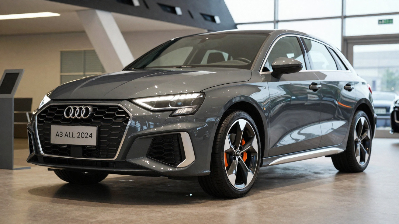 Automóvel Audi A3 All 2024 cinzento exibido em showroom moderno.