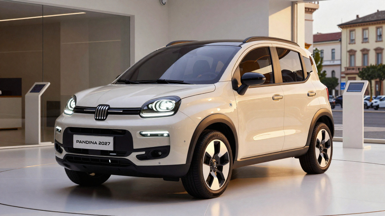 Fiat Panda 2027 branco exibido num showroom moderno com luzes dianteiras acesas.