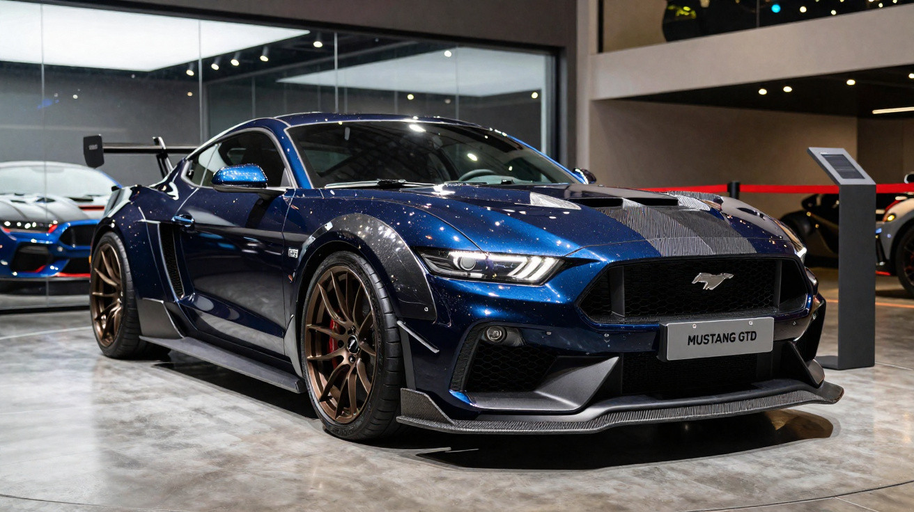 Carro desportivo Ford Mustang GTD azul escuro com detalhes de carbono exposto em showroom moderno.