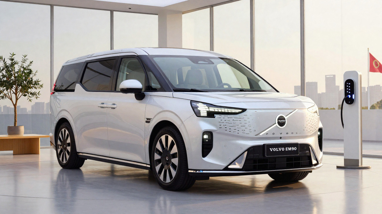 Minivan elétrica Volvo EM90 branca estacionada numa sala com janelas amplas e carregador elétrico.