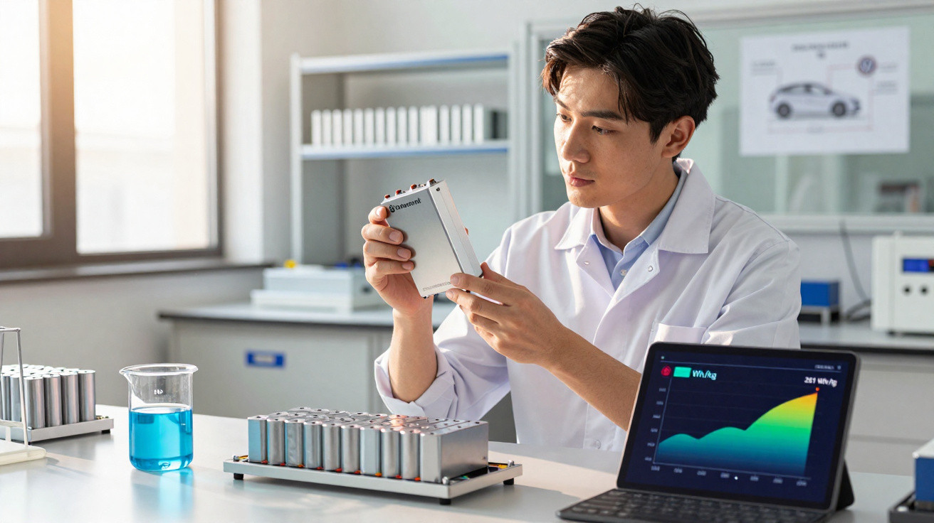Cientista analisa bateria em laboratório com equipamento e gráfico de desempenho num tablet.