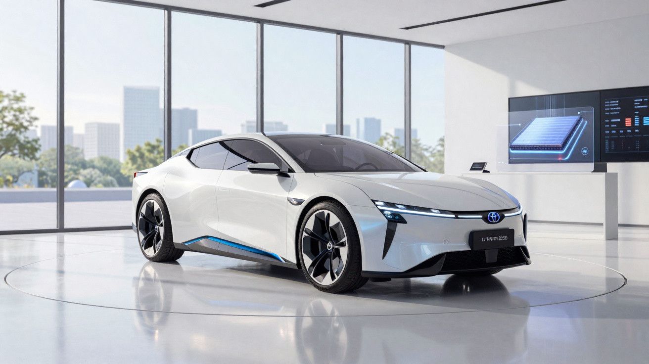 Carro desportivo elétrico branco com design futurista exposto em showroom moderno com janelas grandes.