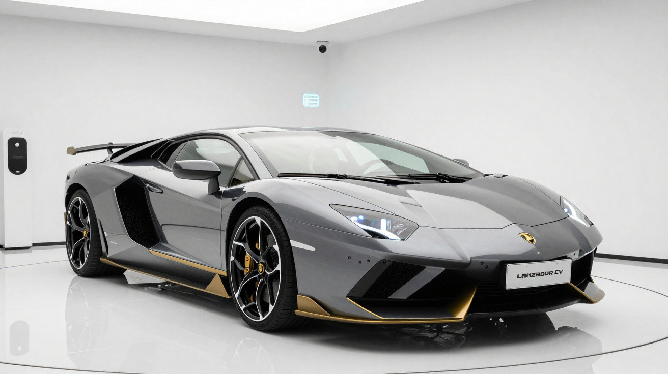Carro desportivo Lamborghini Lanzador EV cinzento com detalhes dourados numa sala branca e moderna.