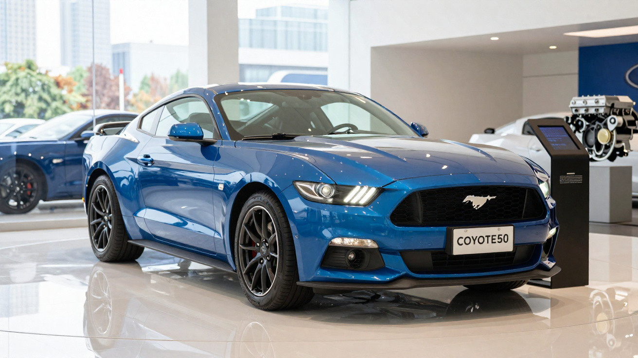 Carro desportivo Ford Mustang azul exposto em sala de showroom com chão refletor.