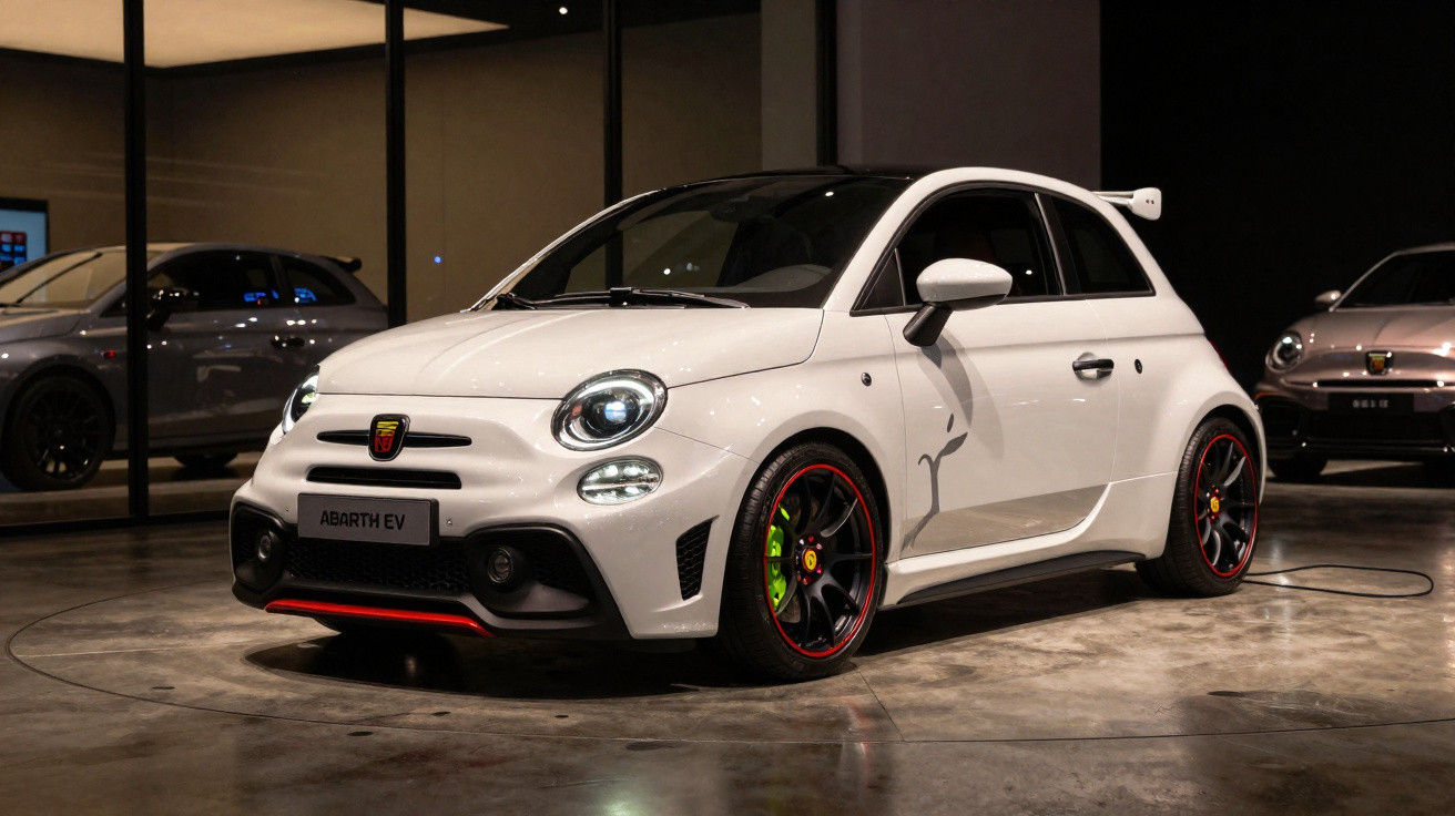 Carro elétrico Abarth EV branco estacionado em interior moderno com jantes pretas e detalhes vermelhos.