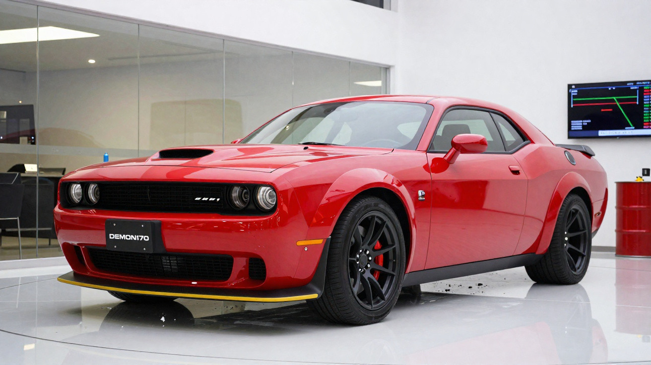 Carro desportivo vermelho Dodge Challenger Demon 170 estacionado em interior moderno.