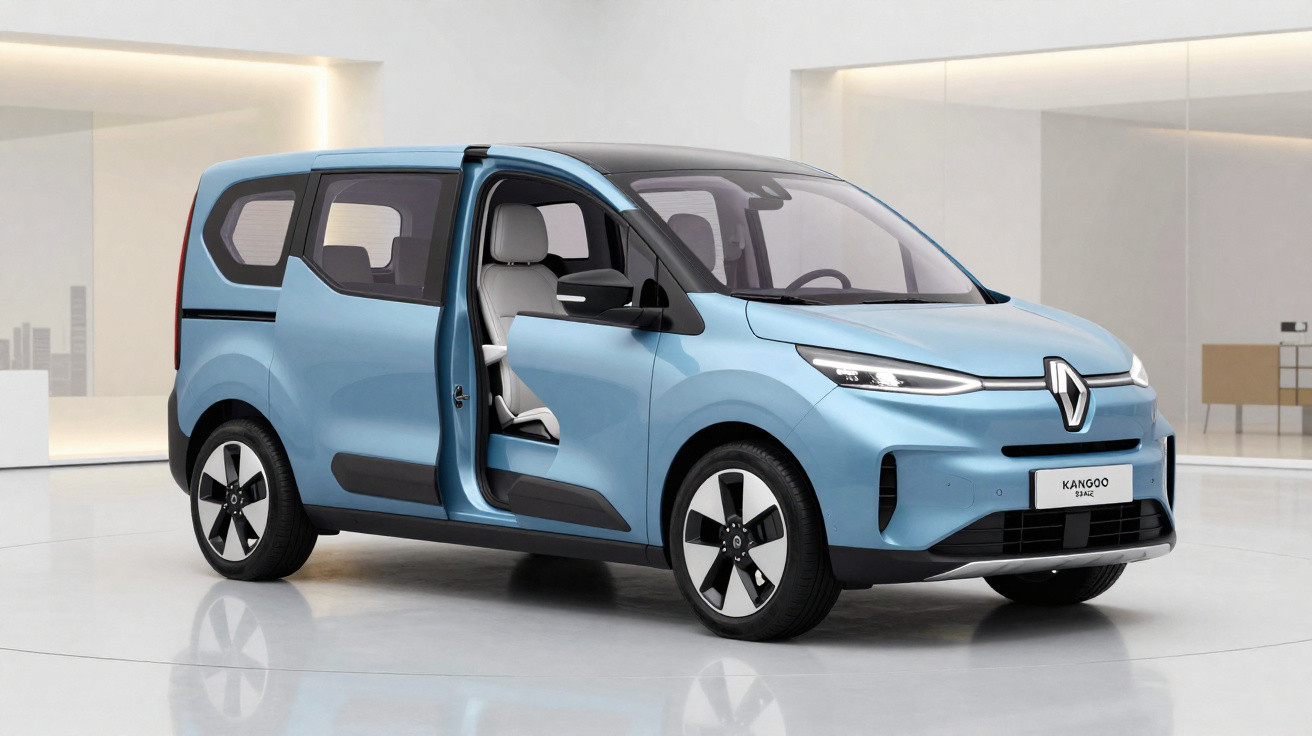 Automóvel elétrico Renault Kangoo Eval com porta lateral aberta, em tom azul claro, em ambiente interior moderno.
