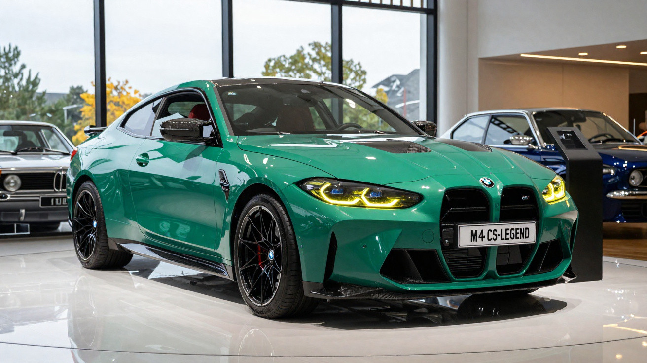 Carro desportivo BMW verde M4 CS-Legend em exposição num espaço interior moderno.