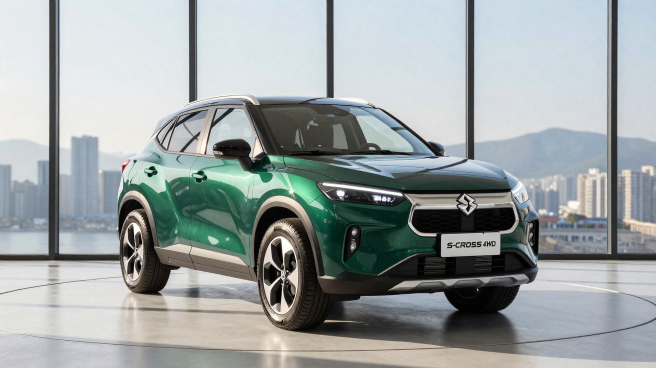 Carro SUV verde S-Cross 4WD estacionado em espaço interior com janelas grandes e vista urbana.