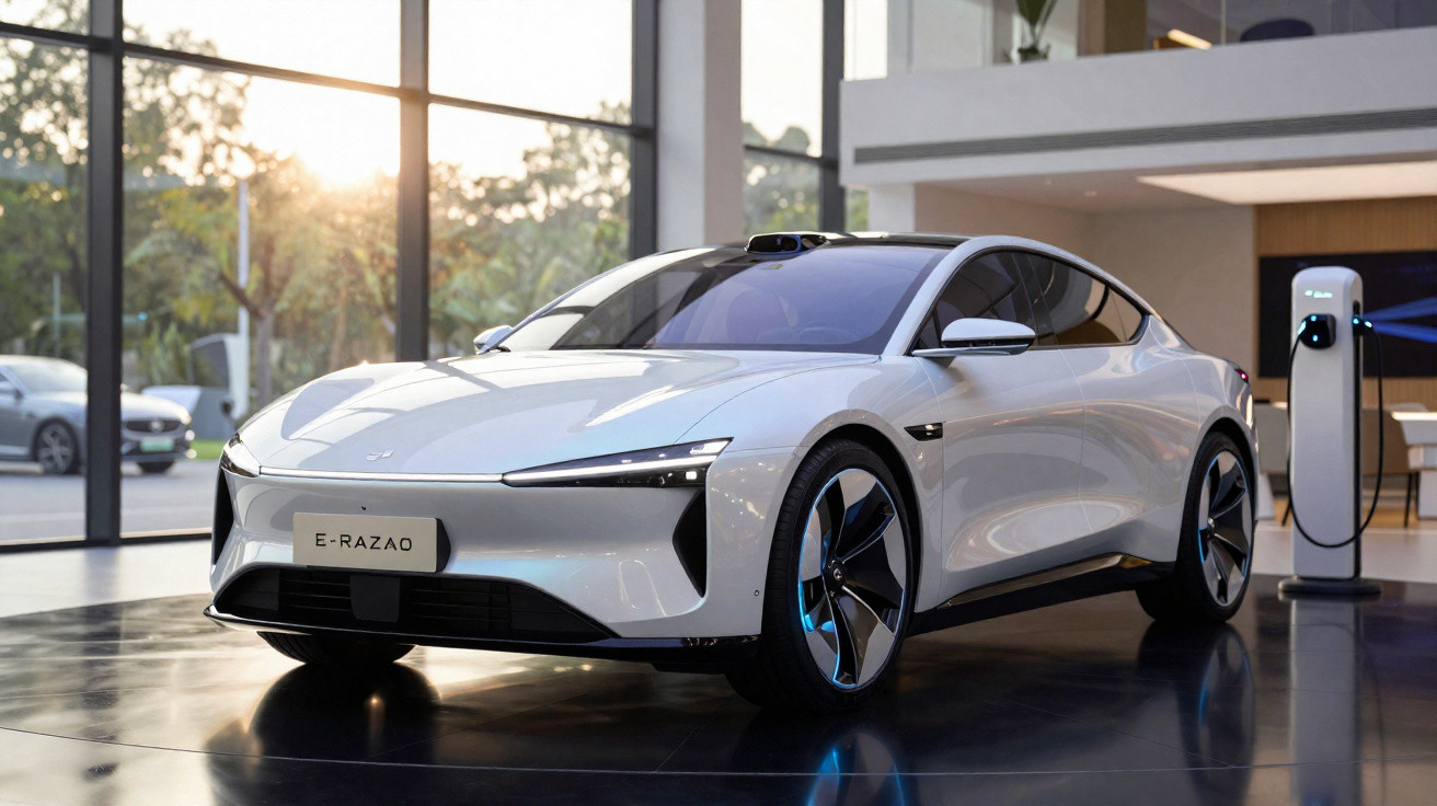 Carro elétrico branco estacionado numa área interna moderna com carregador elétrico ao lado.