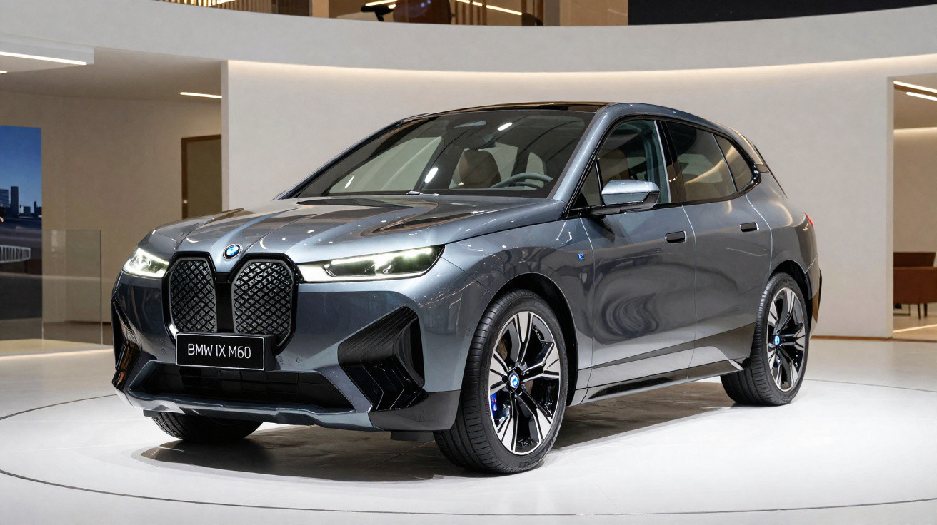 Carro elétrico BMW iX M60 cinzento exibido numa exposição moderna e bem iluminada.