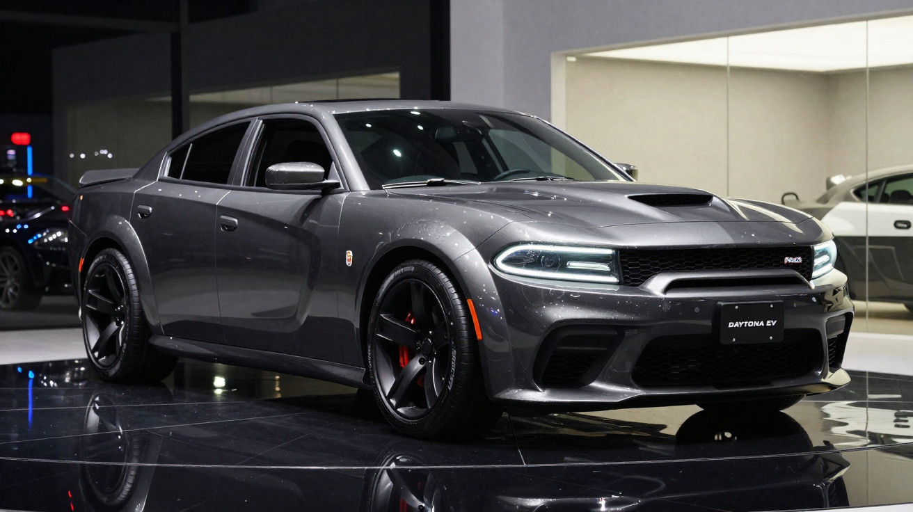 Carro desportivo cinza Dodge Charger Daytona EV estacionado em ambiente interno com iluminação artificial.
