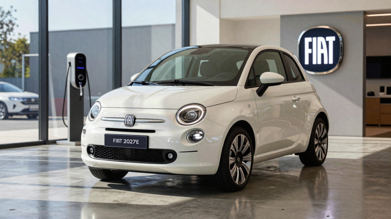 Carro elétrico branco Fiat 2027E estacionado junto a posto de carregamento num espaço interior moderno.