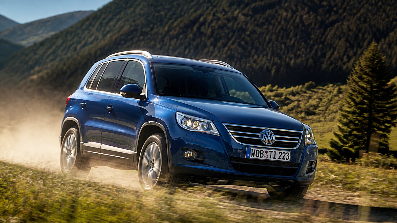 Carro SUV azul Volkswagen em movimento numa estrada de terra com montanhas verdes ao fundo.