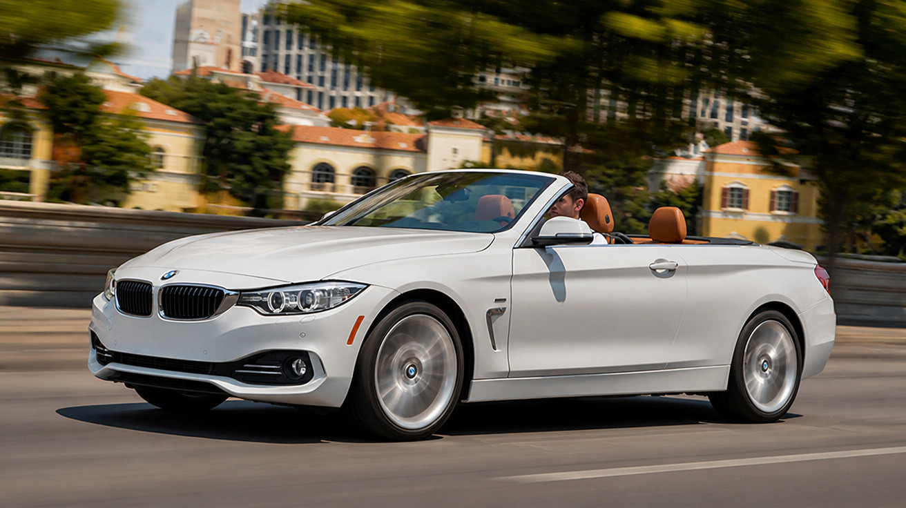 Carro descapotável branco BMW em movimento numa estrada urbana com edifícios ao fundo.