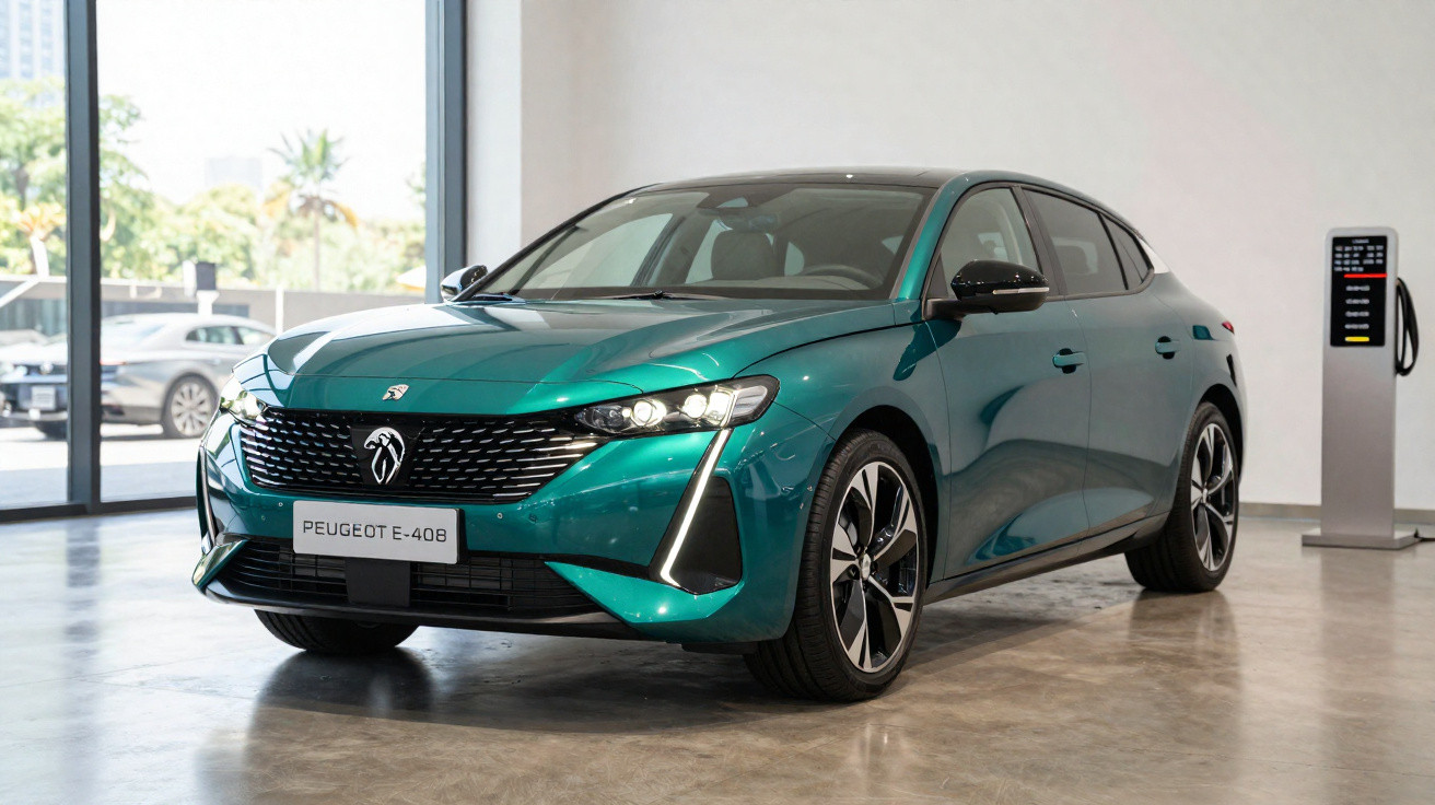 Peugeot e-408 verde estacionado em interior com posto de carregamento elétrico ao lado.