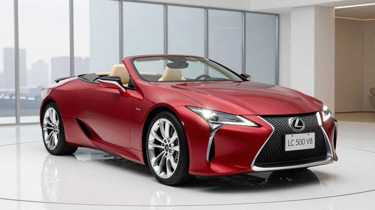 Carro desportivo Lexus LC 500 V8 descapotável vermelho exibido em espaço interior moderno e luminoso.