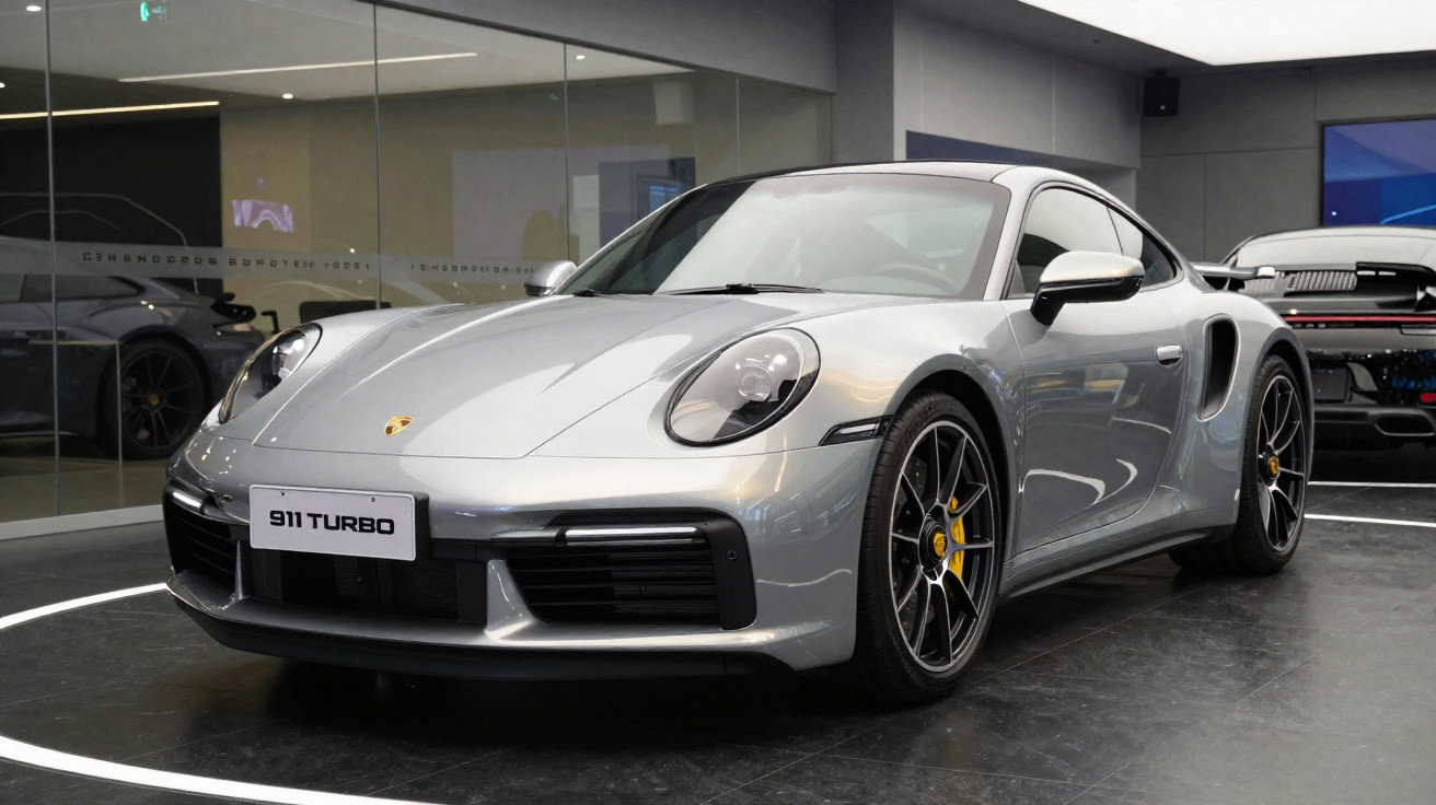 Carro desportivo Porsche 911 Turbo prateado exposto numa sala de showroom moderna.