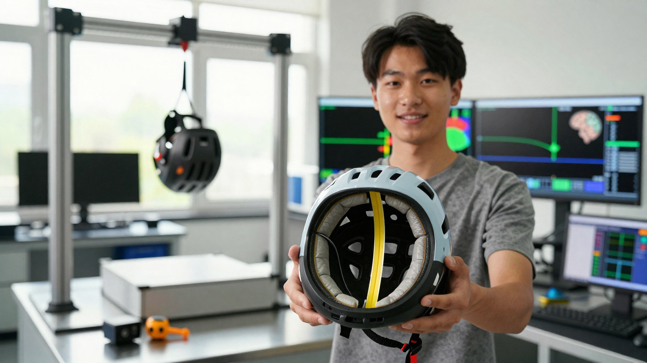 Homem em laboratório a mostrar capacete inteligente para análise cerebral, com monitorização ao fundo.