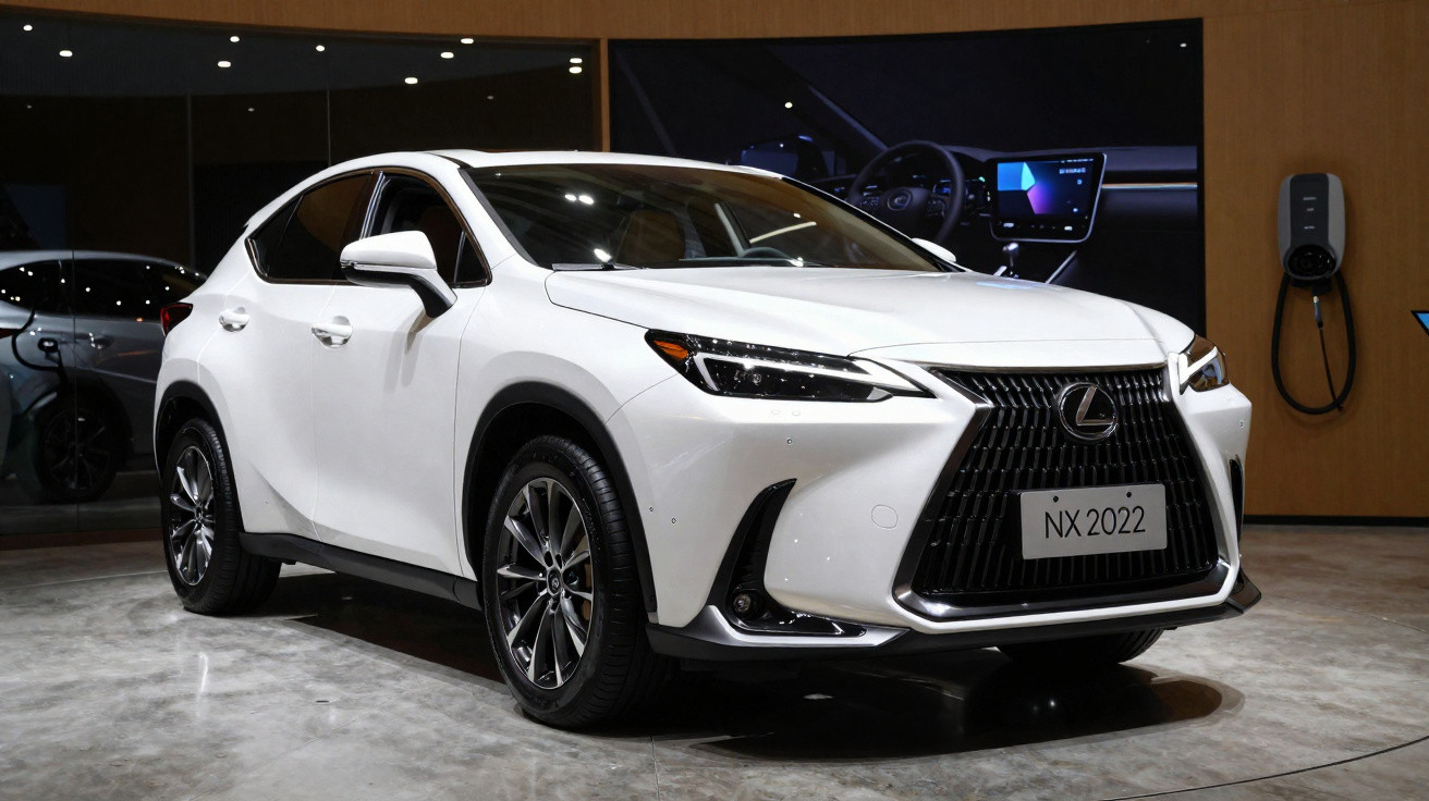 Carro Lexus NX 2022 branco exibido em showroom, com design moderno e faróis LED acesos.