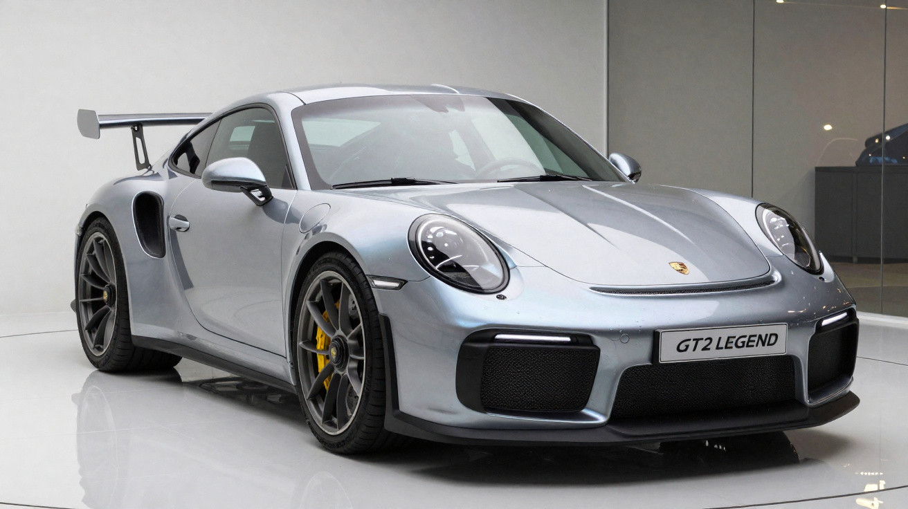 Carro desportivo Porsche GT2 Legend cinzento metálico em exposição numa sala com fundo neutro.