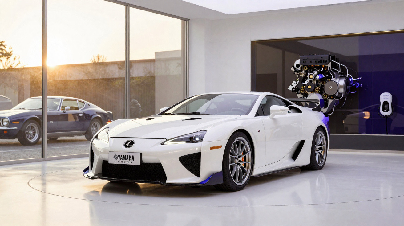 Carro desportivo branco Lexus em exposição com motor suspenso e clássico ao fundo, interior moderno e iluminado.