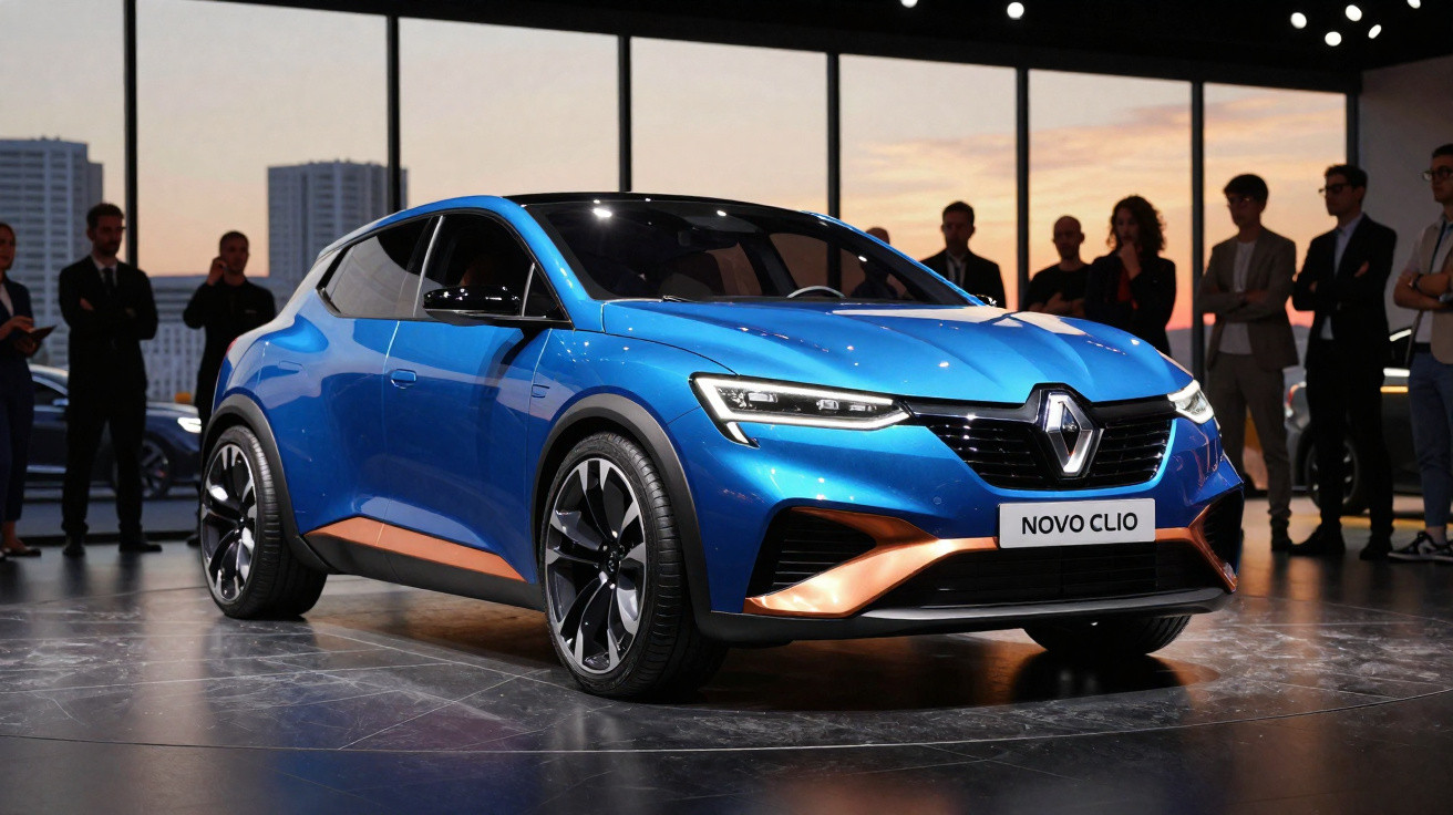 Carro Renault Novo Clio azul exposto num salão com pessoas ao fundo ao entardecer.