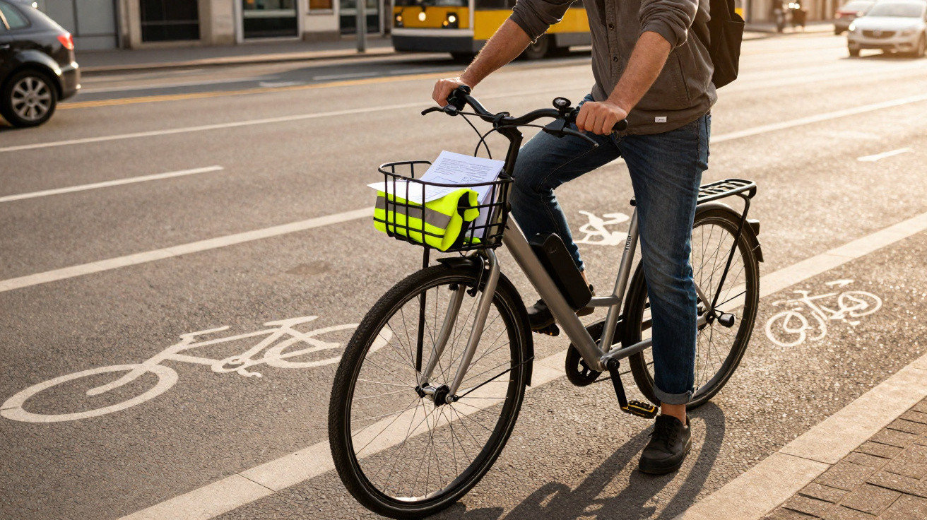 Pessoa de jeans e casaco cinzento a andar de bicicleta numa ciclovia numa rua urbana.