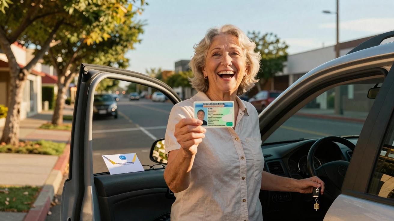 Mulher sorridente mostra carta de condução junto a carro estacionado numa rua ensolarada.