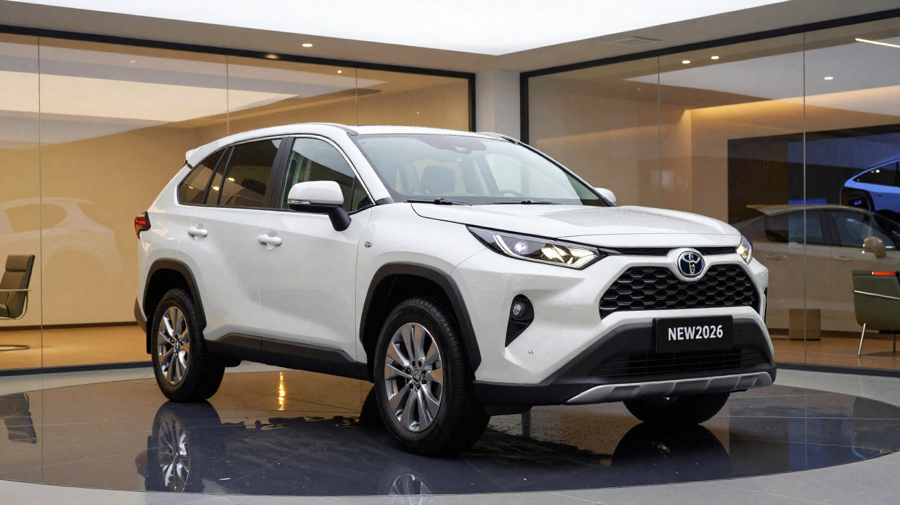Carro SUV Toyota branco modelo 2026 exibido em salão moderno com chão espelhado e paredes de vidro.