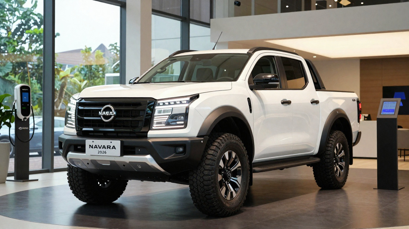 Picape branca Nissan Navara 2026 estacionada em showroom moderno com vidro e carregador elétrico.