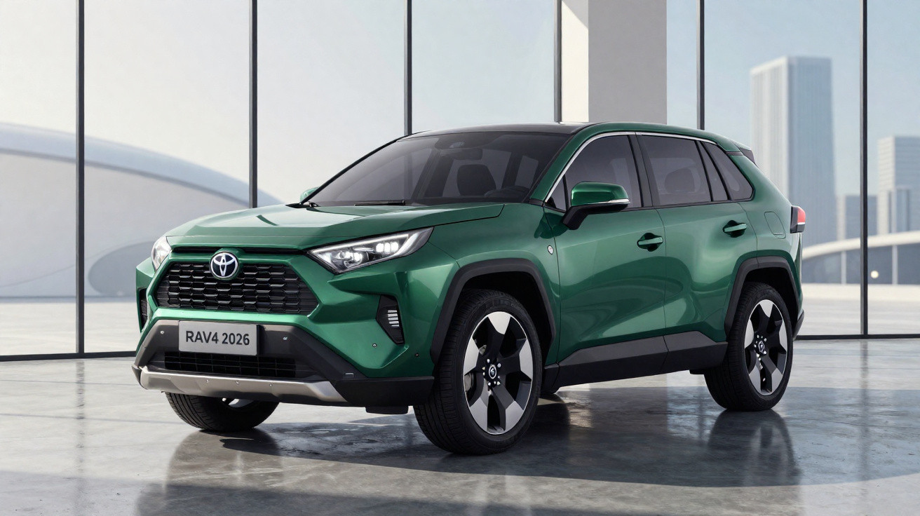 Toyota RAV4 2026 verde estacionado em ambiente moderno com grandes janelas e vista urbana ao fundo.
