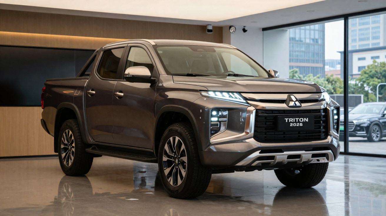Pick-up Mitsubishi Triton 2026 cinzenta estacionada dentro de showroom moderno com grandes janelas.