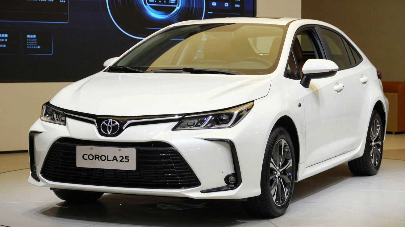 Automóvel Toyota Corolla 25 branco exposto em ambiente interior com iluminação artificial.