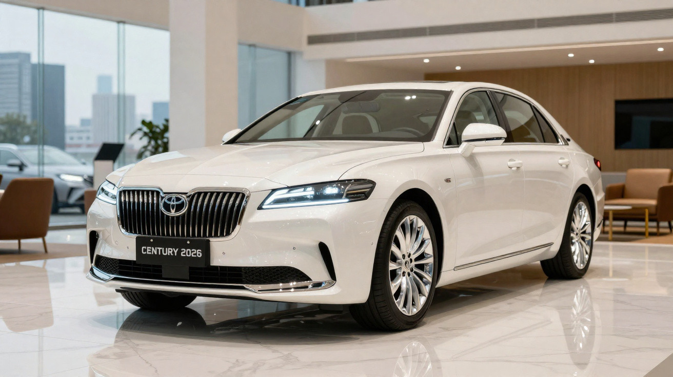 Carro branco Toyota Century 2026 elegante exposto num showroom moderno e bem iluminado.