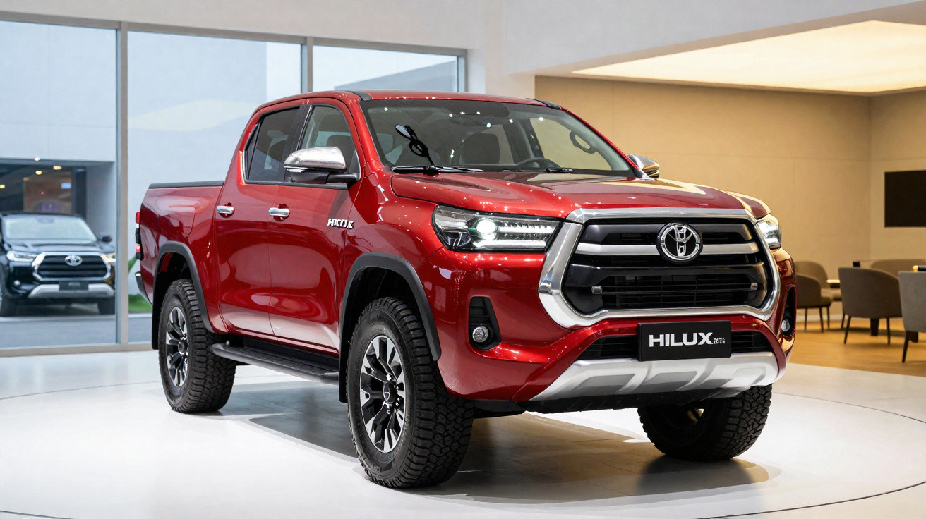 Pick-up Toyota Hilux vermelha em exposição num showroom moderno com vidros grandes.
