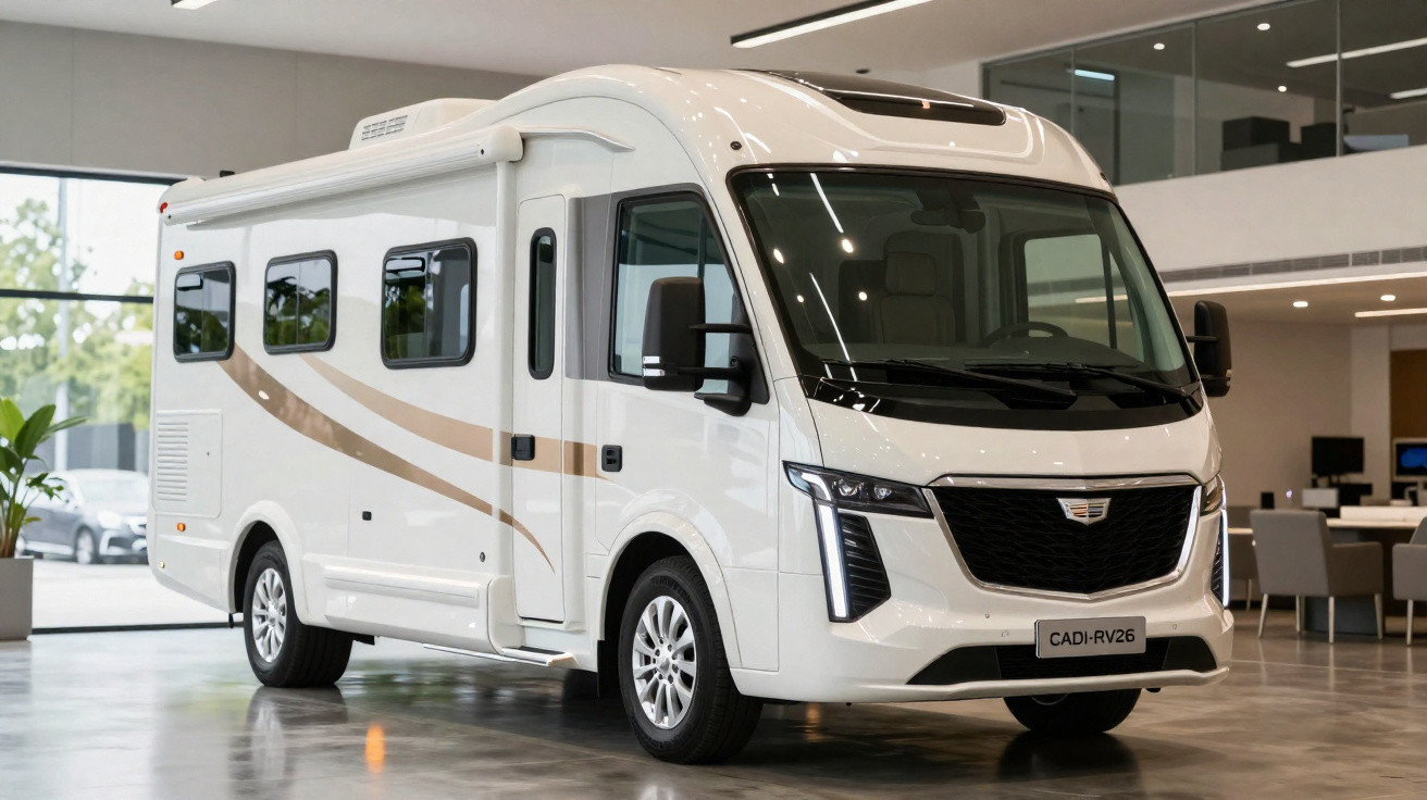 Autocaravana branca com design moderno exibida em showroom espaçoso e iluminado.