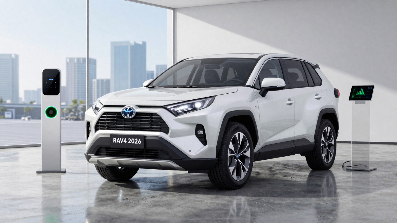 Toyota RAV4 2026 branco estacionado em espaço moderno ao lado de carregadores elétricos.