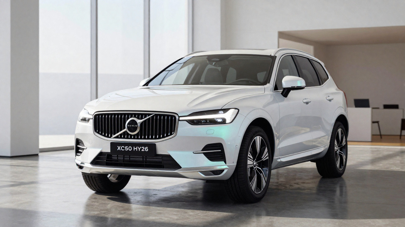 Carro SUV Volvo XC50 HY26 branco estacionado em espaço interior moderno com paredes brancas e chão liso.