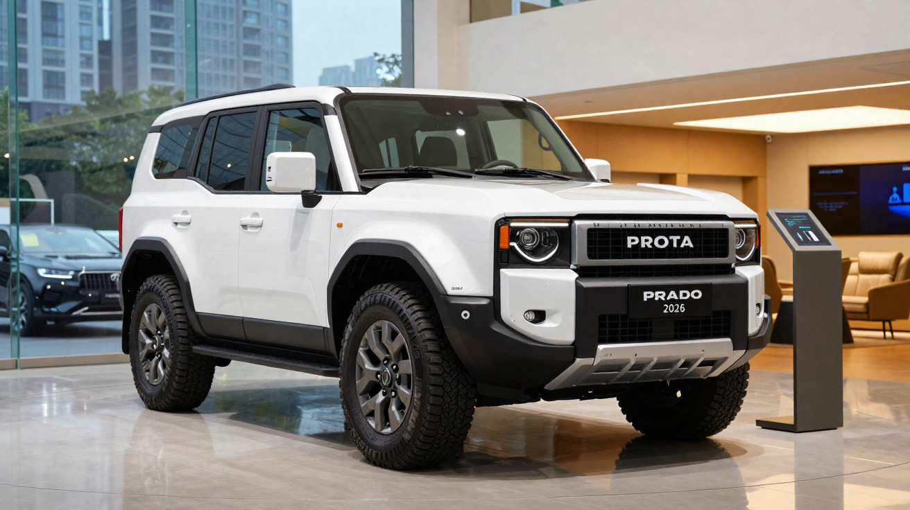 Carro SUV branco Prota Prado 2026 estacionado dentro de uma sala de exposição moderna.