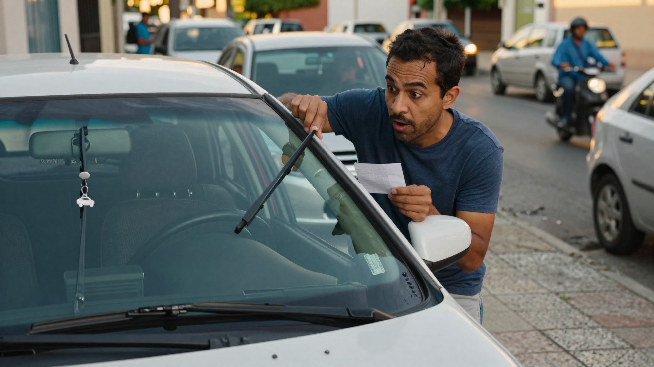 Homem surpreso a ler um papel junto a um carro com um aviso de estacionamento no para-brisas numa rua urbana.