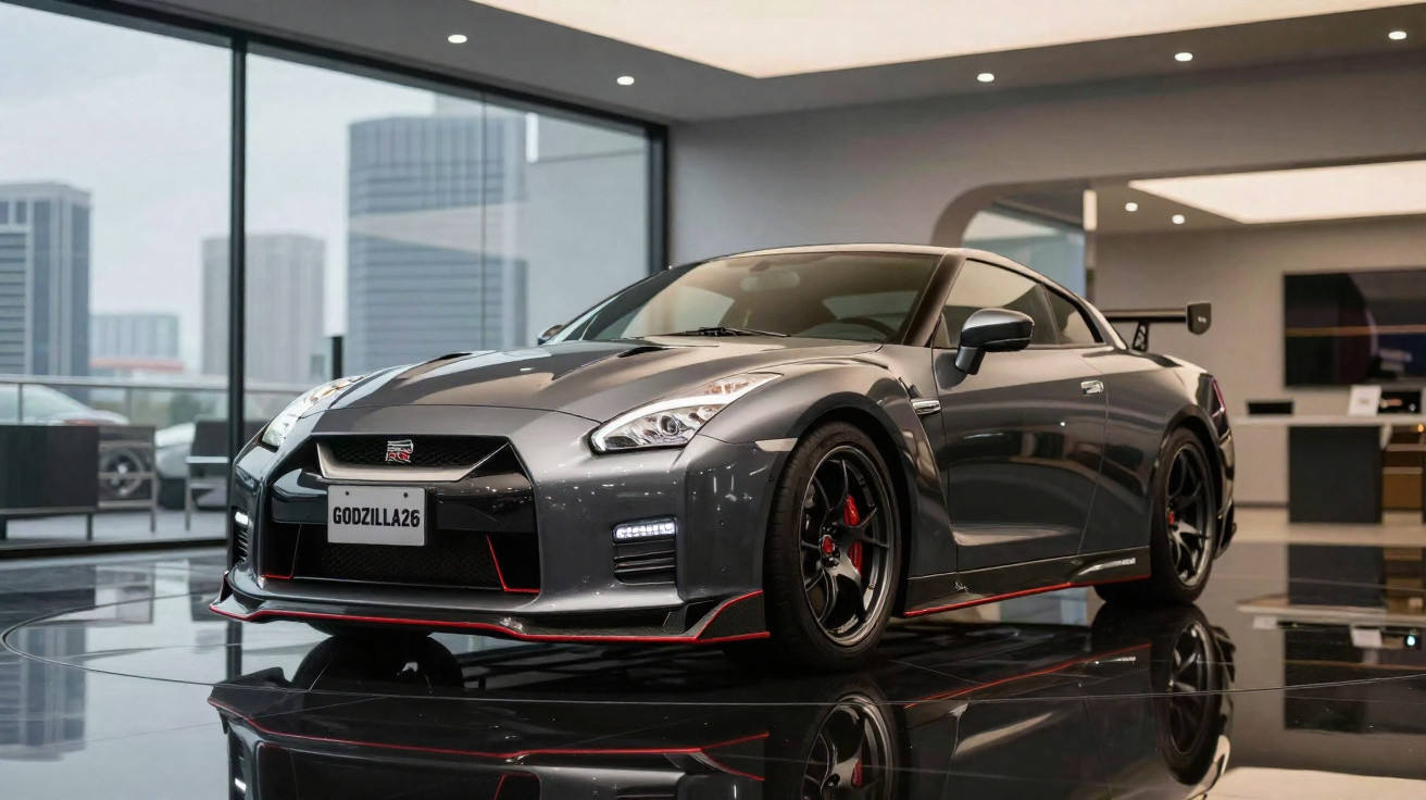 Carro desportivo Nissan GT-R prata brilhante numa sala de exposição moderna com chão reflexivo.